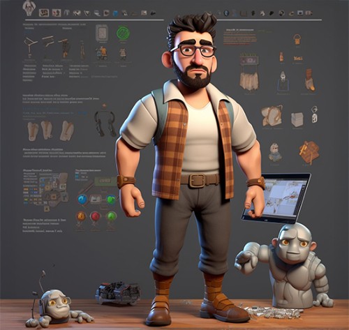 3D Character Design: Modern Cartoon Engineer with Robot Helpers