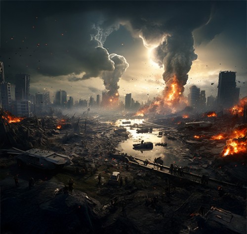 Dark smoke over ruined city