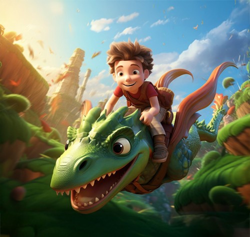 Boy flying on a cartoon dragon