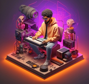 Animated Character Playing Piano, Surrounded By Creative Tools