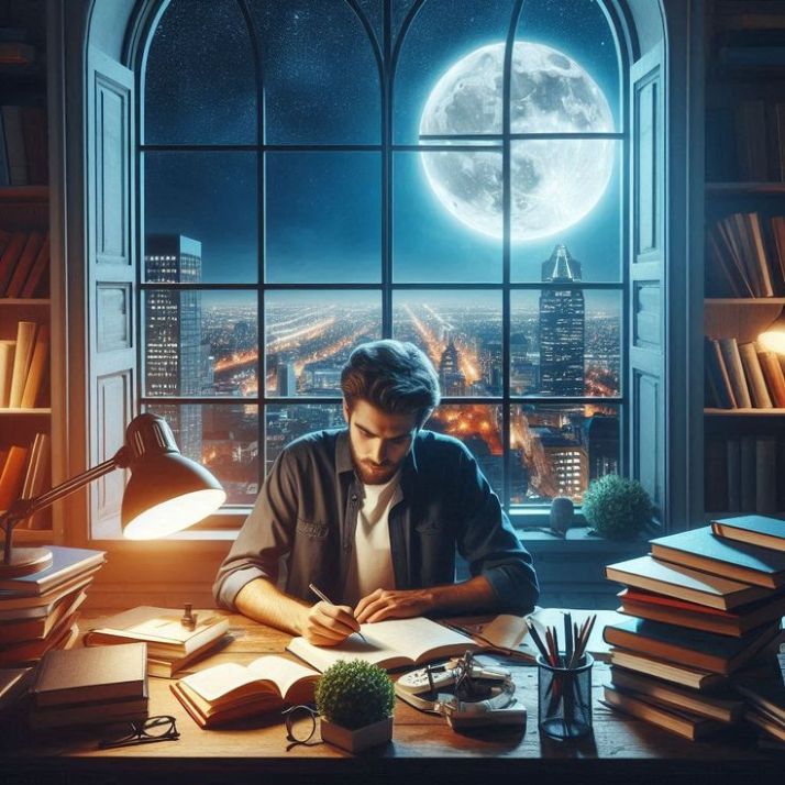 Portrait Of A Man Studying At Night With City Lights And Moon View