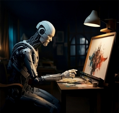 Robot Creating Abstract Art Using GenAI Visuals On A Desktop