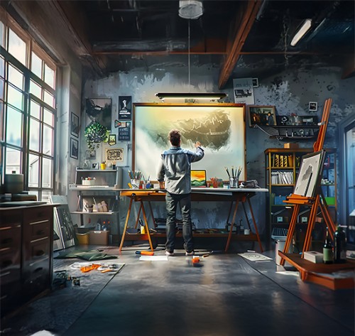 Man painting on a large canvas