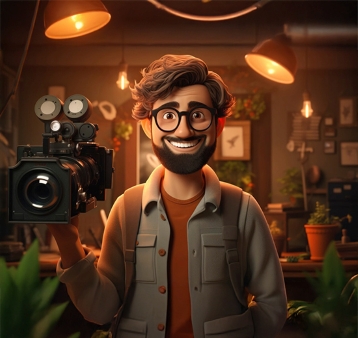Smiling Animated Man In A Studio Holding A Video Camera