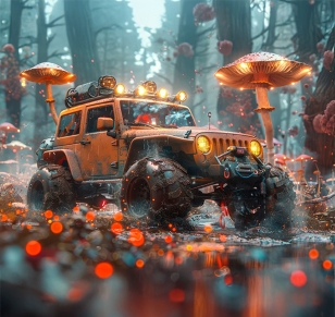 3D Model Of A Jeep With Texture In A Fantasy Forest