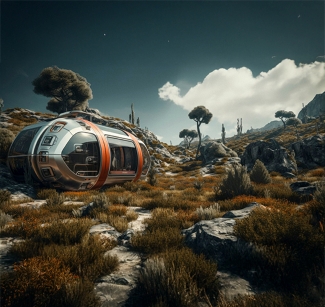 Sci-Fi Pod In A Rocky And Bushy Terrain