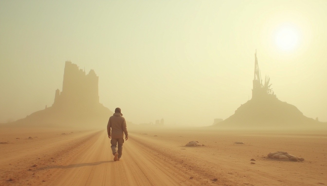 Portrait of Man Walking Through Desert Toward Mysterious Ancient Ruins